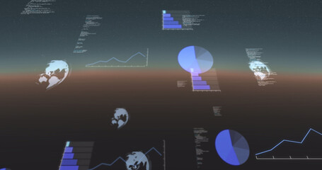 Image of data processing, globes spinning and statistics recording on gradient background