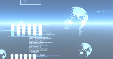 Image of data processing, globes spinning and statistics recording on glowing blue background
