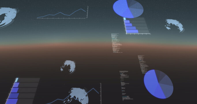 Image of data processing, globes spinning and statistics recording on gradient background