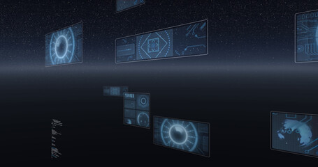 Fototapeta premium Image of scope scanning, statistics recording, globe spinning and data processing on screens