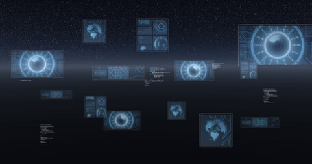Fototapeta premium Image of scope scanning, statistics recording, globe spinning and data processing on screens