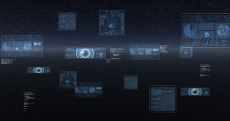 Image of scope scanning, statistics recording, globe spinning and data processing on screens