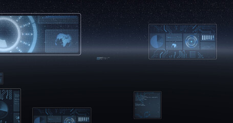Image of scope scanning, statistics recording, globe spinning and data processing on screens