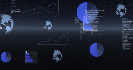 Obraz premium Image of data processing, globes spinning and statistics recording over universe
