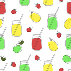 seamless pattern glass jars with juice with a straw and green apples, yellow pears and strawberries are drawn in one line on a white background