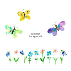 Set of colourful bright watercolor butterflies and flowers