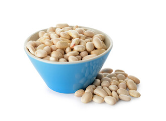 Bowl with raw beans on white background