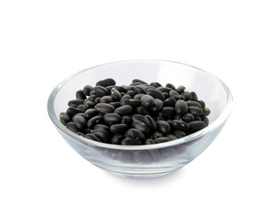 Bowl with black beans on white background