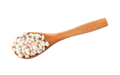 Spoon with raw beans on white background