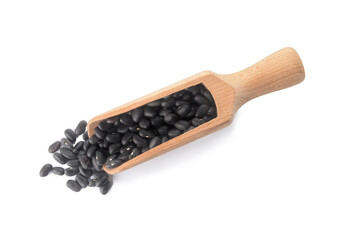 Scoop with black beans on white background