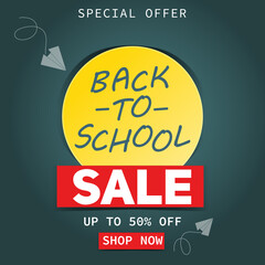 Autumn. Back to School. Sale. Special offer. 50% off. Buy now. In yellow, white, red..eps