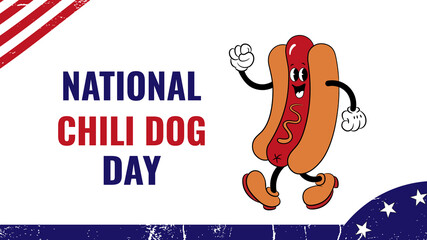 National Chili Dog Day July 29. Cartoon hot dog with mustard, American flag, and lettering. American chili dog vector illustration. Food concept .National Chili Dog Day poster, card, banner.