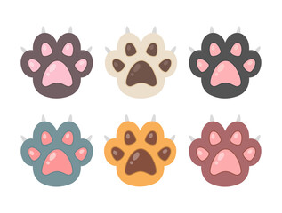 Multicolored cats paws isolated on white background. Cute feline paw in flat style. Animal paw. Vector stock