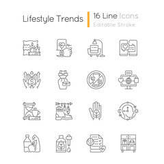 Lifestyle trends linear icons set. Hygge atmosphere. Health tracking. Digital detox. Vintage fashion. Customizable thin line contour symbols. Isolated vector outline illustrations. Editable stroke