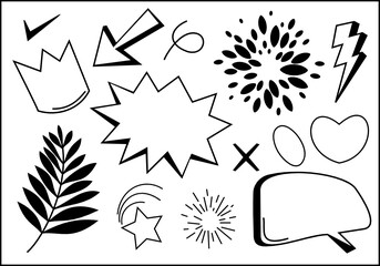 hand drawn set element,black on white background.arrow,leaves,speech bubble,heart,light,king,star,check mark,swirl,for concept design.
