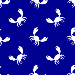 White cartoon crab with big claws on blue background seamless pattern vector illustration.
