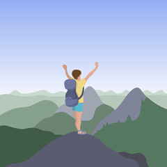 Tourist on the peak of the mountain overlooking the forest.