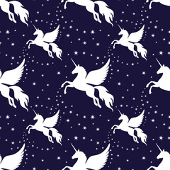 Winged unicorn and stars seamless pattern. Silhouette of a flying unicorn on the starry sky. Silhouette white on a dark background.