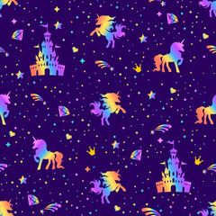 Seamless rainbow pattern with unicorns, hearts, crowns and stars on a dark background.