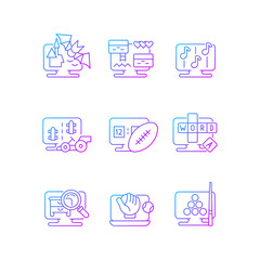 Online simulators gradient linear vector icons set. Playing cooperative games with friends or family. Thin line contour symbols bundle. Isolated vector outline illustrations collection
