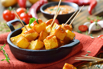 Patatas Bravas mit scharfer Chili-Sauce, ein Klassiker unter den spanischen Tapas-Gerichten –...