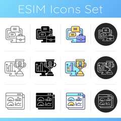 Online work tracking icons set. Business chat for remote communication. Performance evaluation. Dashboard with data. Linear, black and RGB color styles. Isolated vector illustrations