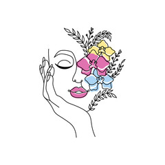 Line art women face with flowers. Social media cover templates collection for posts, stories or banners. Continuous line Female Portrait in Profile. Vector Illustration