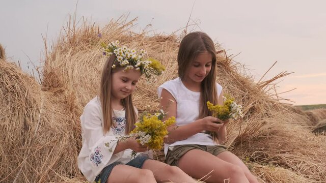 Two sisters wearing national ukraininan embroidered dress sitting on hay and weave flower wreath. Girls spending time in the field in sunset time together. Beautiful teens in the countryside