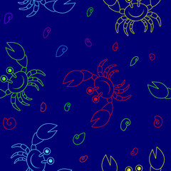 Smiling cartoon outline crab with big claws seamless pattern vector illustration.