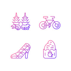 Asian gradient linear vector icons set. Taiwanese recreational customs. Dragon tiger pagodas. Chicken cutlet. Cycling. Light mode customizable thin line symbols. Isolated vector outline illustrations.