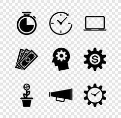 Set Stopwatch, Clock with arrow, Laptop, Dollar plant in the pot, Megaphone and Time Management icon. Vector