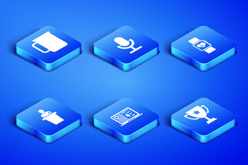 Set Trophy cup, Coffee, Medical clinical record, Speaker, Microphone and Smart watch heart beat rate icon. Vector