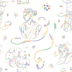 Materiał do szycia Raster seamless pattern. Greek sculptures. Venus and Apollo statues. Raster illustration. Element for wedding invitation, design template, greeting card,pattern,textile, printRaster seamless pattern.