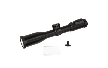 modern black optical scope for weapon isolated on whited. sight scope isolated on white back.