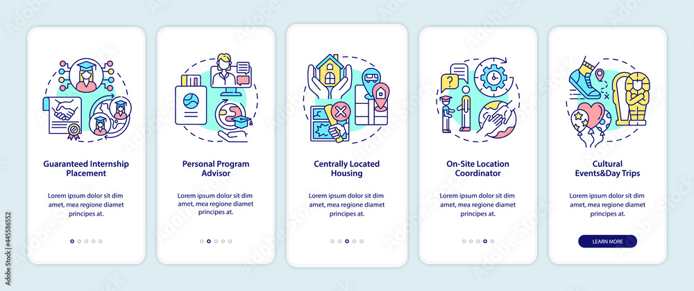 Wall mural internship program benefits onboarding mobile app page screen. placement, advisor walkthrough 5 step