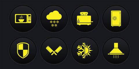 Set Shield, Safe, Crossed meat chopper, Sun and snowflake, Toaster with toasts and Cloud icon. Vector