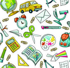 Trendy vector seamless print with school icons. Stationery, globe, bus, microscope, book, notepads. Illustration about education and science for children. Background for printing on fabrics and paper