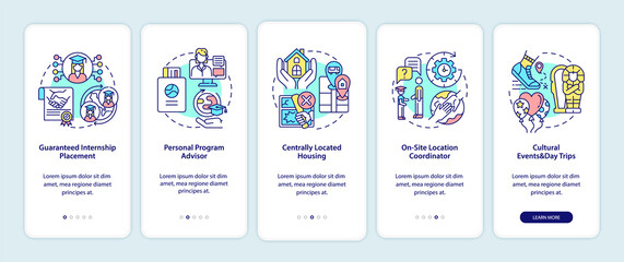 Internship program benefits onboarding mobile app page screen. Placement, advisor walkthrough 5 steps graphic instructions with concepts. UI, UX, GUI vector template with linear color illustrations
