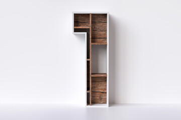 Rustic raw wood 3D number 1 in the shape of a shelving unit. Nice to display eco friendly products. High definition 3D rendering.