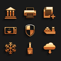 Set Shield, Paint brush, Cloud download, Cargo ship, Snowflake and Microwave oven icon. Vector