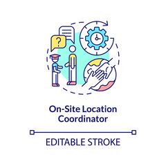 On-site location coordinator concept icon. Internship program abstract idea thin line illustration. Local staff member hosting students interns. Vector isolated outline color drawing. Editable stroke