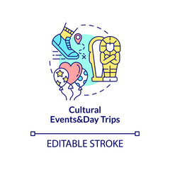 Cultural events and day trips concept icon. Internship program benefit abstract idea thin line illustration. Introduce interns to new host city. Vector isolated outline color drawing. Editable stroke