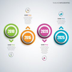 Time line info graphic with atypical round pointers in color design