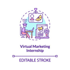 Virtual marketing internship concept icon. Remote internship area abstract idea thin line illustration. Improving knowledge in social media, SEO. Vector isolated outline color drawing. Editable stroke