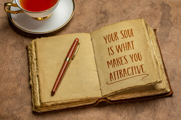 your soul is what makes you attractive - inspirational handwriting in antique leather-bound journal...