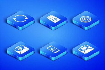 Set Envelope with Valentine heart, Refresh, Smartphone dollar, Mail and e-mail, Coffee beans bag and Target icon. Vector