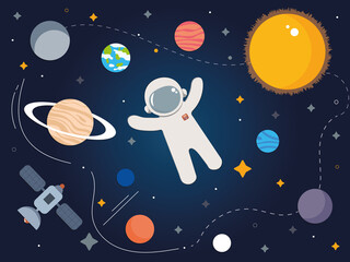 Astronaut in open space in a spacesuit. There are many different planets around. Satellite, astronaut, planets and stars © Red Deer