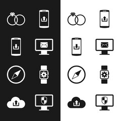 Set Monitor and envelope, Smartphone with download, Wedding rings, upload, Wind rose and Smartwatch setting icon. Vector