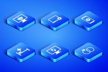 Set Wedding rings, Monitor with shopping basket, and shield, Hospital bed, Laptop gear and Setting smartphone icon. Vector