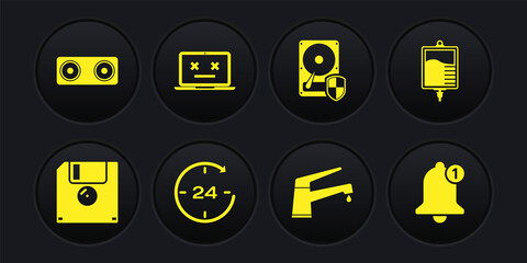 Set Floppy disk, IV bag, Clock 24 hours, Water tap, Hard drive HDD protection and Dead laptop icon. Vector